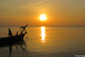 Golden Yellow Sunset and Boat from Rabbit Island (Koh Tonsay) Cambodia
